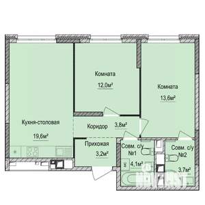 2-к квартира, строящийся дом, 61м2, 1/17 этаж