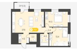 2-к квартира, вторичка, 72м2, 22/24 этаж