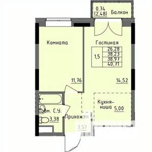 1-к квартира, строящийся дом, 39м2, 13/17 этаж