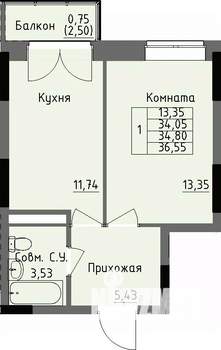 1-к квартира, строящийся дом, 35м2, 6/17 этаж