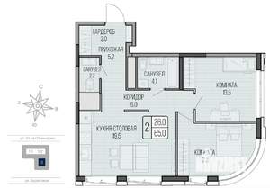 2-к квартира, вторичка, 65м2, 7/16 этаж