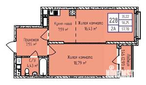 2-к квартира, строящийся дом, 58м2, 16/17 этаж