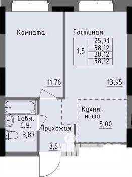 1-к квартира, строящийся дом, 38м2, 1/17 этаж