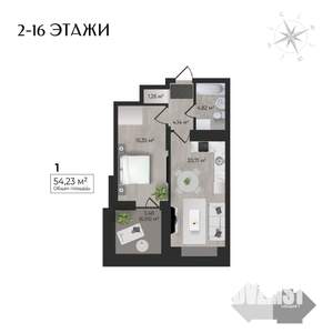 1-к квартира, строящийся дом, 54м2, 2/17 этаж