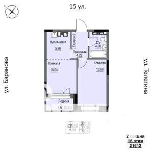 2-к квартира, строящийся дом, 39м2, 16/17 этаж