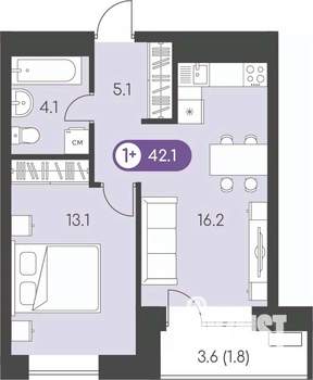 1-к квартира, вторичка, 42м2, 18/24 этаж