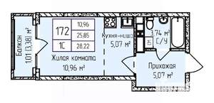 1-к квартира, строящийся дом, 28м2, 12/17 этаж