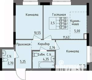 2-к квартира, вторичка, 52м2, 1/17 этаж