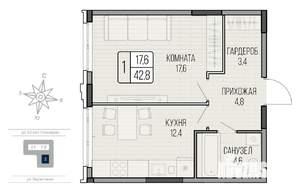 1-к квартира, вторичка, 43м2, 1/16 этаж