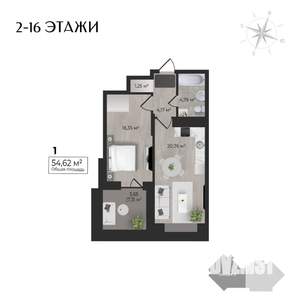 1-к квартира, строящийся дом, 55м2, 15/17 этаж