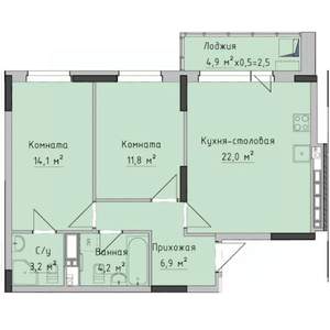2-к квартира, строящийся дом, 64м2, 6/17 этаж