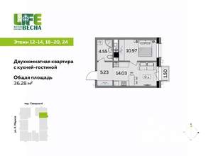 2-к квартира, вторичка, 36м2, 19/25 этаж