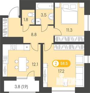 2-к квартира, строящийся дом, 59м2, 19/24 этаж