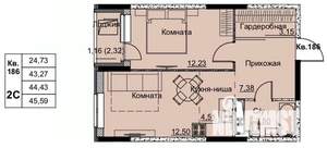 2-к квартира, строящийся дом, 44м2, 17/17 этаж