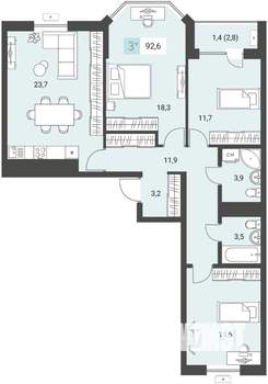 3-к квартира, строящийся дом, 93м2, 3/16 этаж