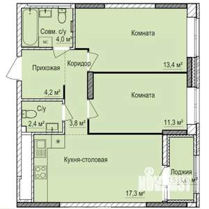 2-к квартира, строящийся дом, 58м2, 13/17 этаж