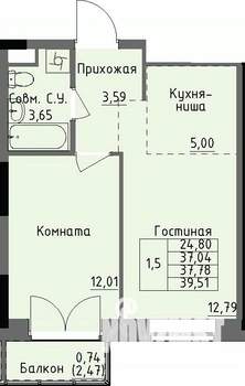 1-к квартира, строящийся дом, 38м2, 8/17 этаж