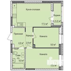 2-к квартира, строящийся дом, 54м2, 1/17 этаж