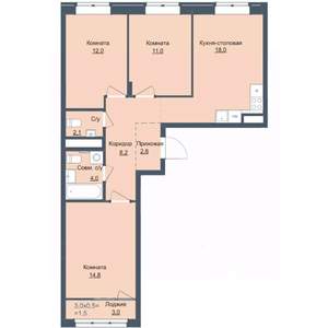 3-к квартира, строящийся дом, 75м2, 1/14 этаж