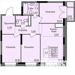 3-к квартира, строящийся дом, 69м2, 9/17 этаж