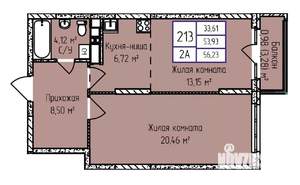 2-к квартира, строящийся дом, 56м2, 15/17 этаж