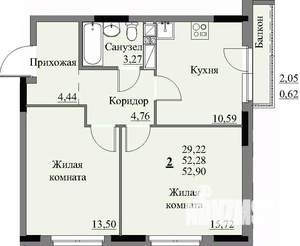 2-к квартира, строящийся дом, 54м2, 14/17 этаж
