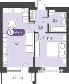1-к квартира, строящийся дом, 43м2, 8/9 этаж