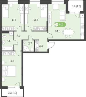 3-к квартира, строящийся дом, 91м2, 8/10 этаж