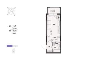 1-к квартира, строящийся дом, 28м2, 8/17 этаж