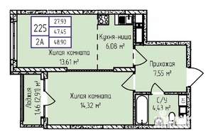 2-к квартира, строящийся дом, 49м2, 15/17 этаж