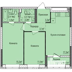 2-к квартира, строящийся дом, 59м2, 1/17 этаж