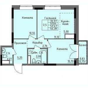 2-к квартира, строящийся дом, 52м2, 13/17 этаж