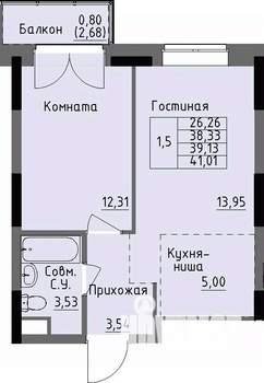 1-к квартира, строящийся дом, 39м2, 8/17 этаж