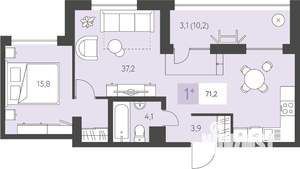 1-к квартира, строящийся дом, 71м2, 9/16 этаж