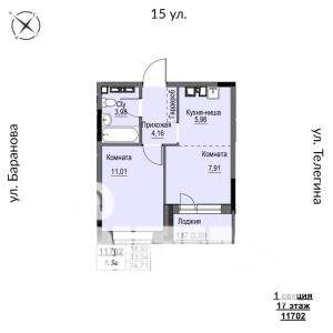 2-к квартира, строящийся дом, 35м2, 12/17 этаж