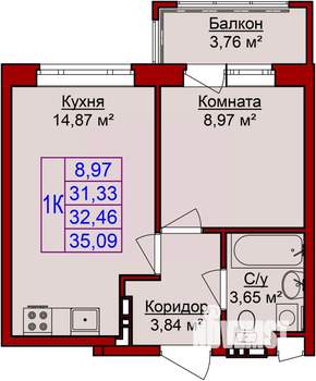 1-к квартира, строящийся дом, 35м2, 8/8 этаж