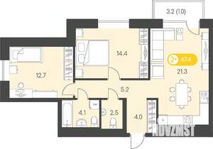 2-к квартира, вторичка, 67м2, 6/24 этаж