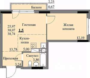 1-к квартира, строящийся дом, 40м2, 13/17 этаж