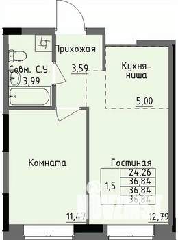 1-к квартира, строящийся дом, 37м2, 1/17 этаж