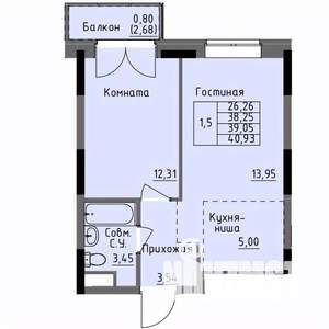 1-к квартира, строящийся дом, 39м2, 11/17 этаж