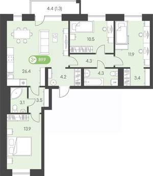 3-к квартира, строящийся дом, 90м2, 8/9 этаж