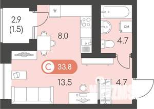 Студия квартира, строящийся дом, 34м2, 9/10 этаж