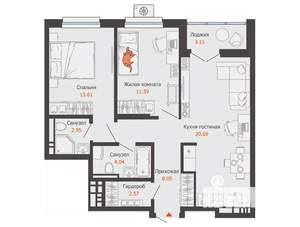 2-к квартира, строящийся дом, 65м2, 3/13 этаж