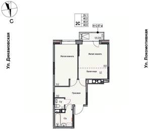 2-к квартира, строящийся дом, 47м2, 8/17 этаж