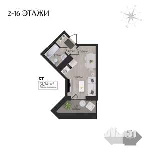 Студия квартира, строящийся дом, 32м2, 10/17 этаж
