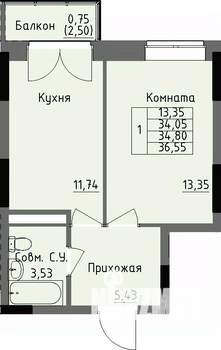 1-к квартира, строящийся дом, 35м2, 13/17 этаж