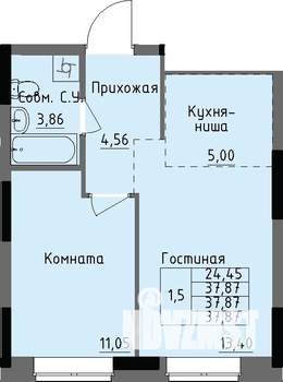1-к квартира, строящийся дом, 38м2, 1/17 этаж