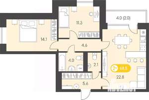 2-к квартира, строящийся дом, 69м2, 8/9 этаж