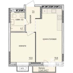 1-к квартира, строящийся дом, 40м2, 10/14 этаж