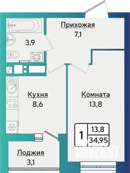 1-к квартира, строящийся дом, 35м2, 15/16 этаж